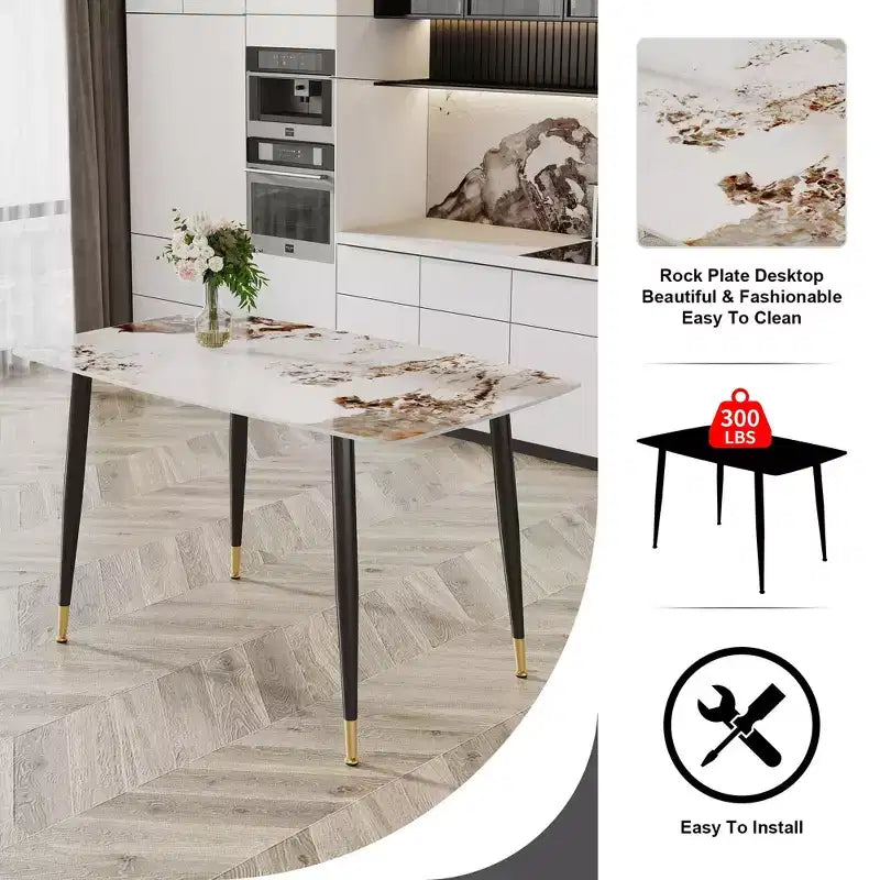 Okak 50IN Modern Rectangular Dining Table, Kitchen Table with Sintered Stone Tabletop, Dinner Table for Living Room, Kitchen, White
