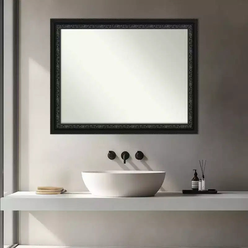 Amanti Art Downton Black Non-Beveled Wood Framed Bathroom Vanity Wall Mirror