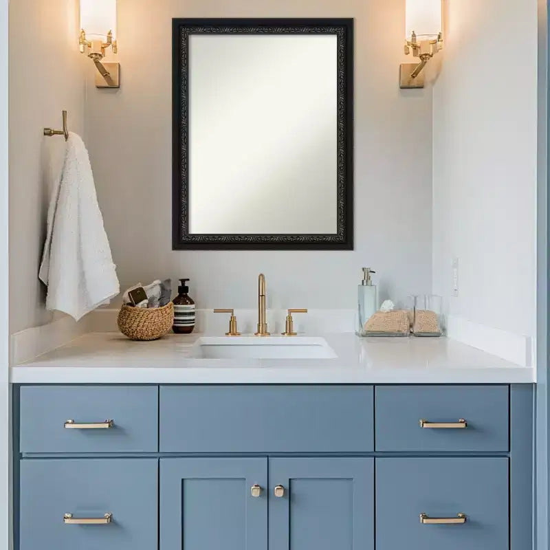 Amanti Art Downton Black Non-Beveled Wood Framed Bathroom Vanity Wall Mirror
