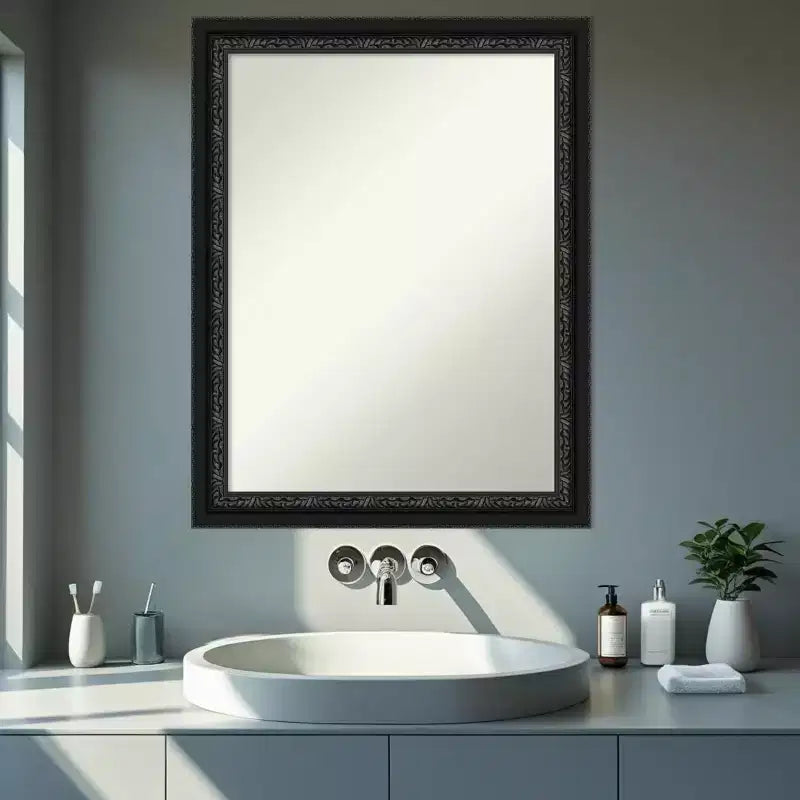 Amanti Art Downton Black Non-Beveled Wood Framed Bathroom Vanity Wall Mirror