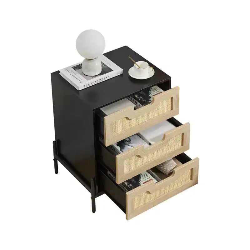 Rattan 3-Drawer Bedside Table, Modern Nightstand with Wooden Frame, Elegant Black Side Table for Bedroom, Living Room, or Study, 48  40  64 cm