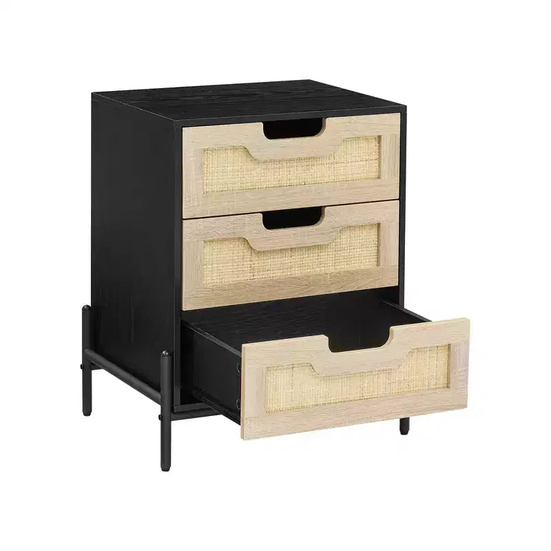 Table de chevet en rotin à 3 tiroirs, Table de nuit moderne avec cadre en bois, Table d'appoint noire élégante pour chambre, salon ou bureau, 48 x 40 x 64 cm