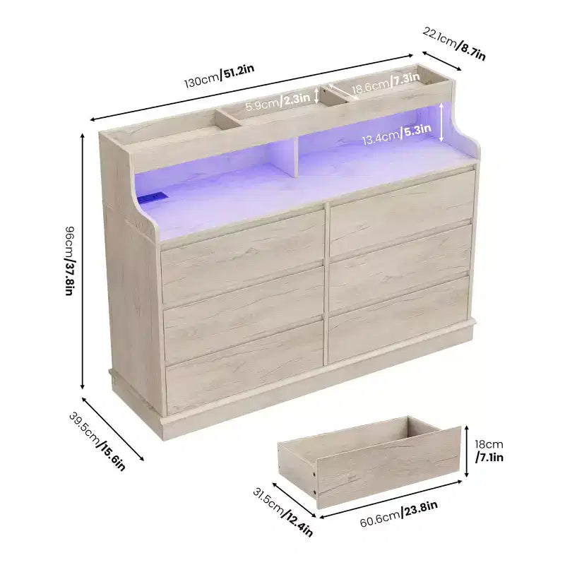Oak Dresser for Bedroom with 6 Drawers, Modern Chest Featuring LED Lights and Charging Station, Spacious Storage Cabinet for Living Room or Hallway