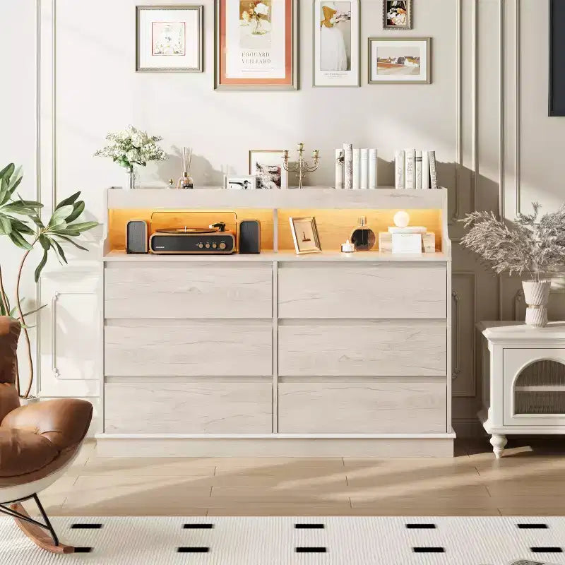 Oak Dresser for Bedroom with 6 Drawers, Modern Chest Featuring LED Lights and Charging Station, Spacious Storage Cabinet for Living Room or Hallway