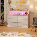 Oak Dresser for Bedroom with 6 Drawers, Modern Chest Featuring LED Lights and Charging Station, Spacious Storage Cabinet for Living Room or Hallway