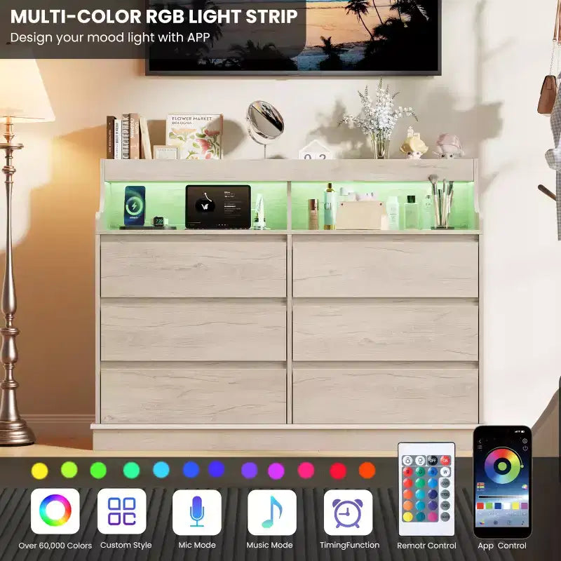 Oak Dresser for Bedroom with 6 Drawers, Modern Chest Featuring LED Lights and Charging Station, Spacious Storage Cabinet for Living Room or Hallway