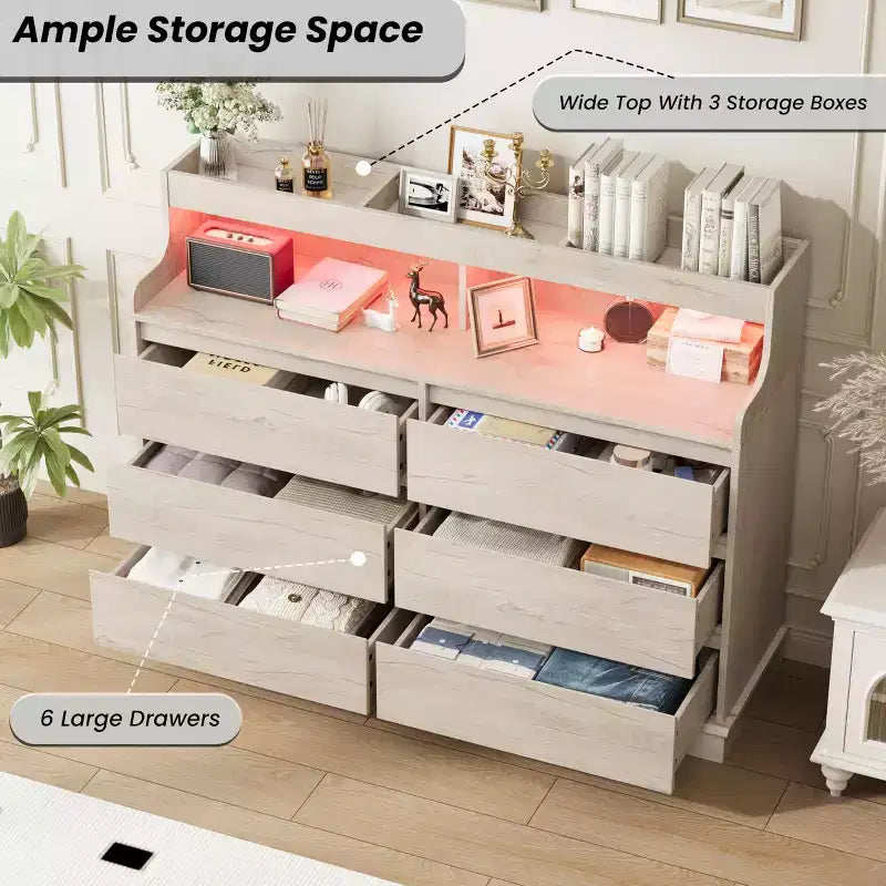 Oak Dresser for Bedroom with 6 Drawers, Modern Chest Featuring LED Lights and Charging Station, Spacious Storage Cabinet for Living Room or Hallway