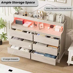 Oak Dresser for Bedroom with 6 Drawers, Modern Chest Featuring LED Lights and Charging Station, Spacious Storage Cabinet for Living Room or Hallway