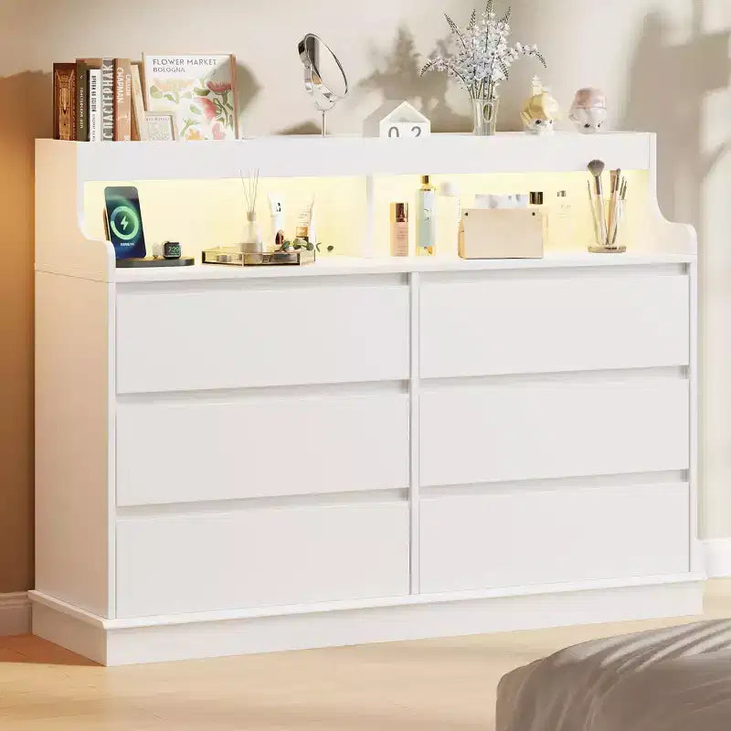 Oak Dresser for Bedroom with 6 Drawers, Modern Chest Featuring LED Lights and Charging Station, Spacious Storage Cabinet for Living Room or Hallway