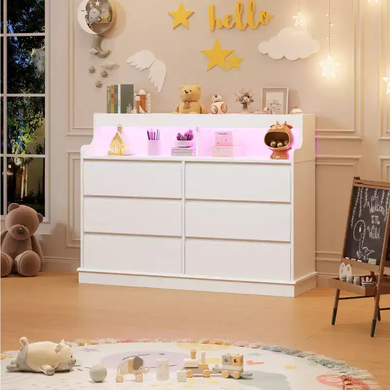 Oak Dresser for Bedroom with 6 Drawers, Modern Chest Featuring LED Lights and Charging Station, Spacious Storage Cabinet for Living Room or Hallway