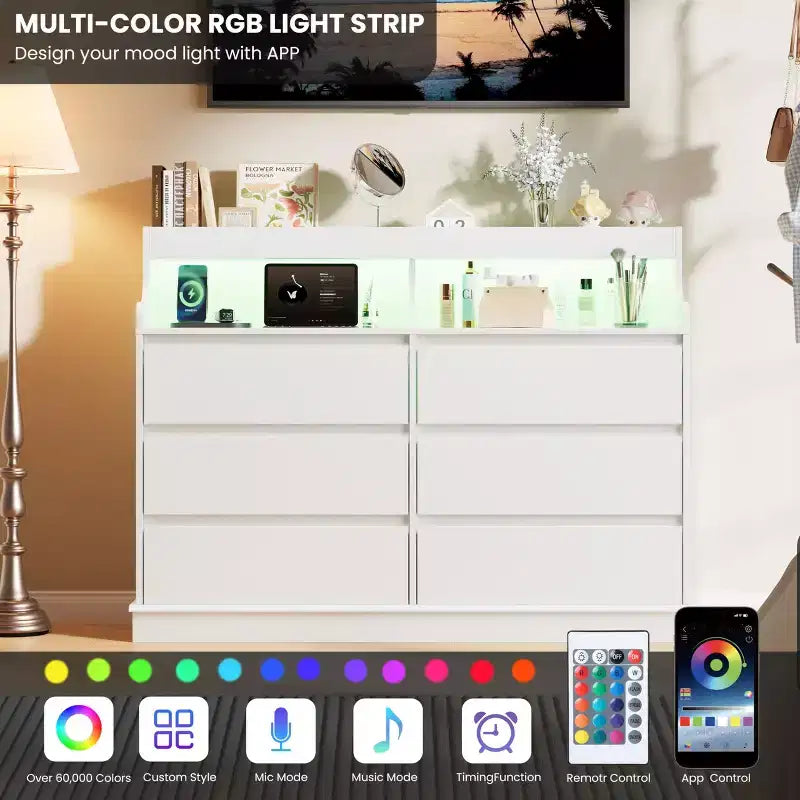 Oak Dresser for Bedroom with 6 Drawers, Modern Chest Featuring LED Lights and Charging Station, Spacious Storage Cabinet for Living Room or Hallway
