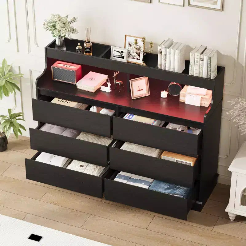 Oak Dresser for Bedroom with 6 Drawers, Modern Chest Featuring LED Lights and Charging Station, Spacious Storage Cabinet for Living Room or Hallway