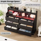 Oak Dresser for Bedroom with 6 Drawers, Modern Chest Featuring LED Lights and Charging Station, Spacious Storage Cabinet for Living Room or Hallway