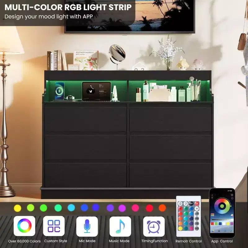 Oak Dresser for Bedroom with 6 Drawers, Modern Chest Featuring LED Lights and Charging Station, Spacious Storage Cabinet for Living Room or Hallway