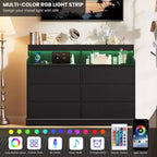 Oak Dresser for Bedroom with 6 Drawers, Modern Chest Featuring LED Lights and Charging Station, Spacious Storage Cabinet for Living Room or Hallway