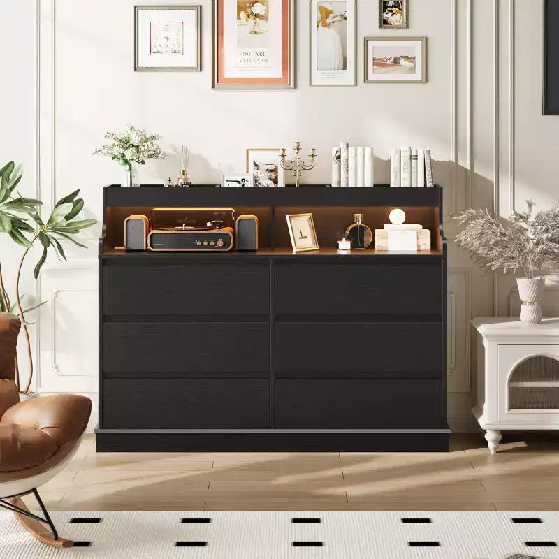 Oak Dresser for Bedroom with 6 Drawers, Modern Chest Featuring LED Lights and Charging Station, Spacious Storage Cabinet for Living Room or Hallway