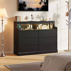 Oak Dresser for Bedroom with 6 Drawers, Modern Chest Featuring LED Lights and Charging Station, Spacious Storage Cabinet for Living Room or Hallway