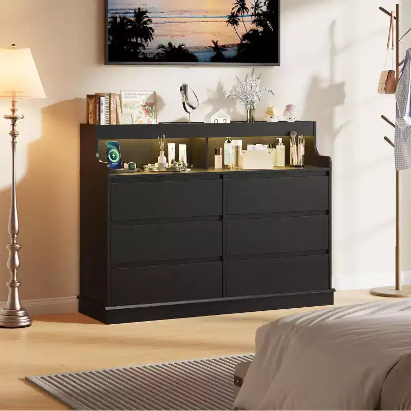 Oak Dresser for Bedroom with 6 Drawers, Modern Chest Featuring LED Lights and Charging Station, Spacious Storage Cabinet for Living Room or Hallway