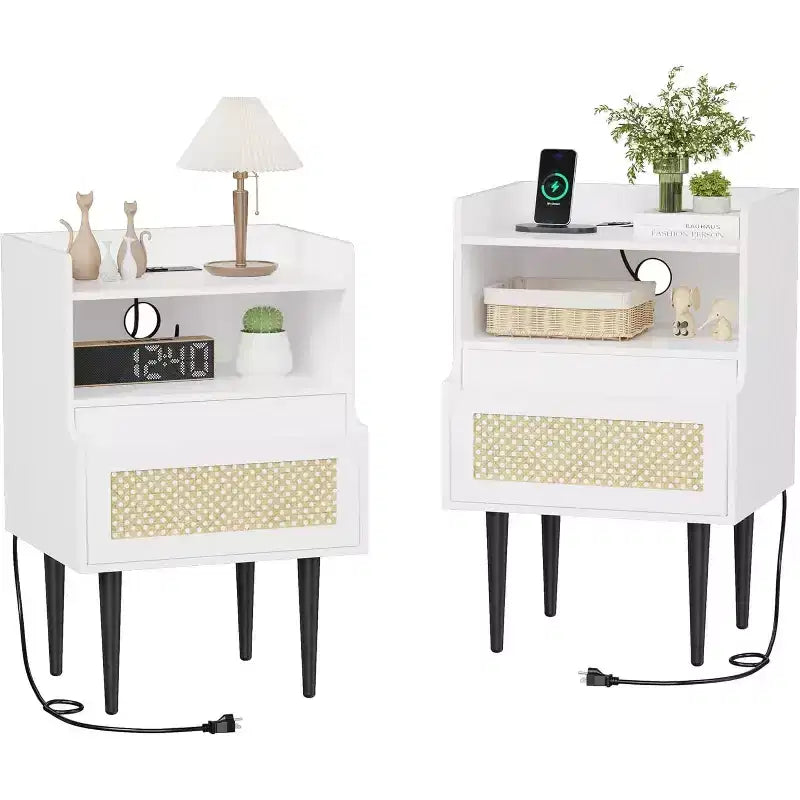 Nightstands Set of 2 with Charging Station, Drawer Open Shelf, Cane Accent Side End Table, Bedside Table