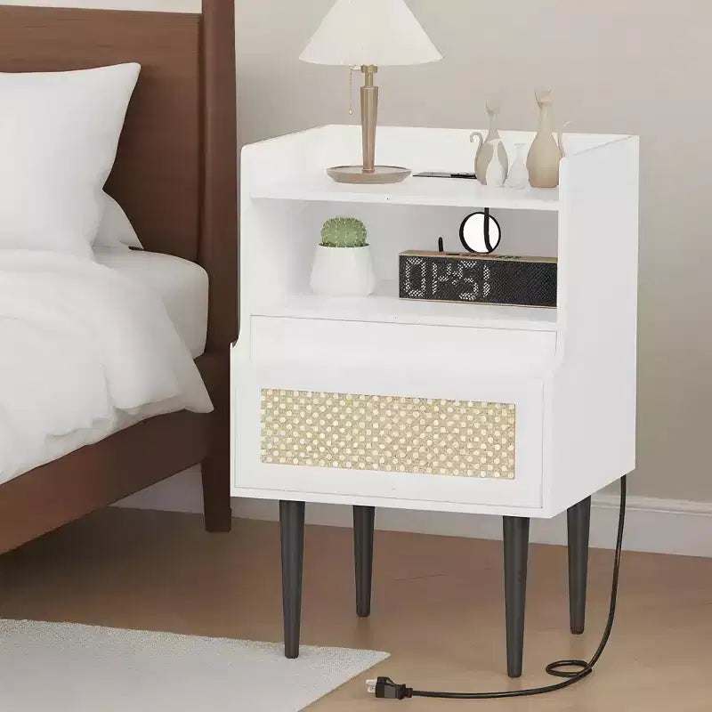 Nightstands Set of 2 with Charging Station, Drawer Open Shelf, Cane Accent Side End Table, Bedside Table