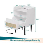 Nightstands Set of 2 with Charging Station, Drawer Open Shelf, Cane Accent Side End Table, Bedside Table