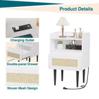 Nightstands Set of 2 with Charging Station, Drawer Open Shelf, Cane Accent Side End Table, Bedside Table