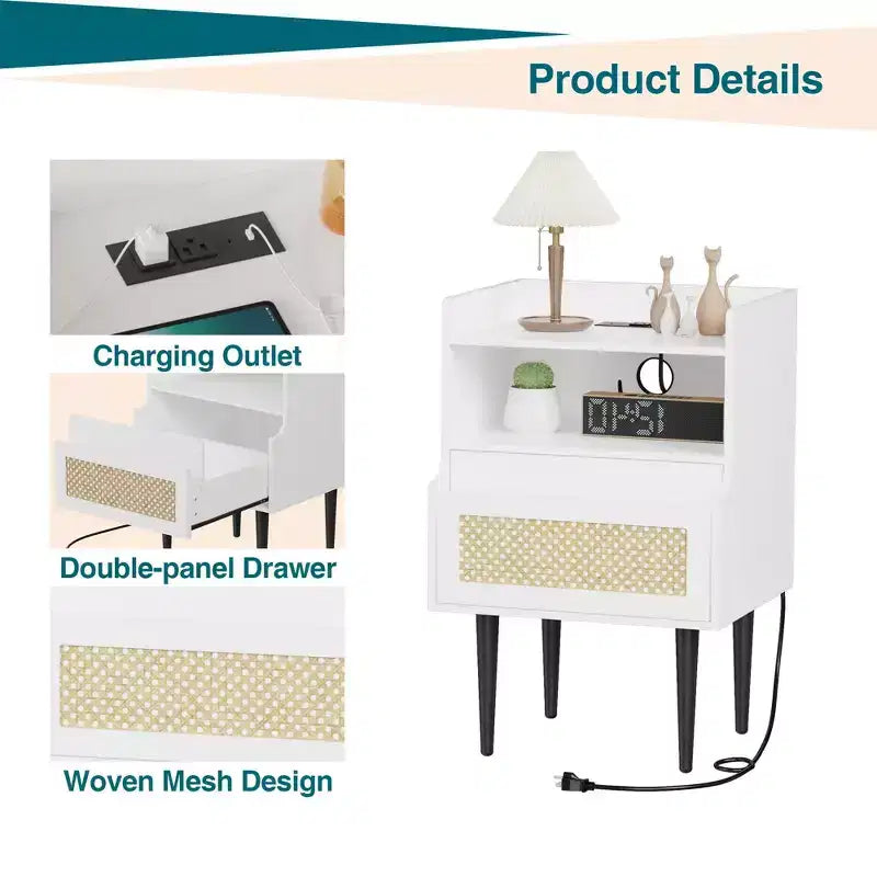 Nightstands Set of 2 with Charging Station, Drawer Open Shelf, Cane Accent Side End Table, Bedside Table