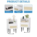 Nightstands Set of 2 with Charging Station, Drawer Open Shelf, Cane Accent Side End Table, Bedside Table
