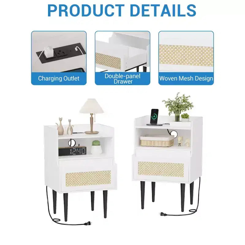 Nightstands Set of 2 with Charging Station, Drawer Open Shelf, Cane Accent Side End Table, Bedside Table