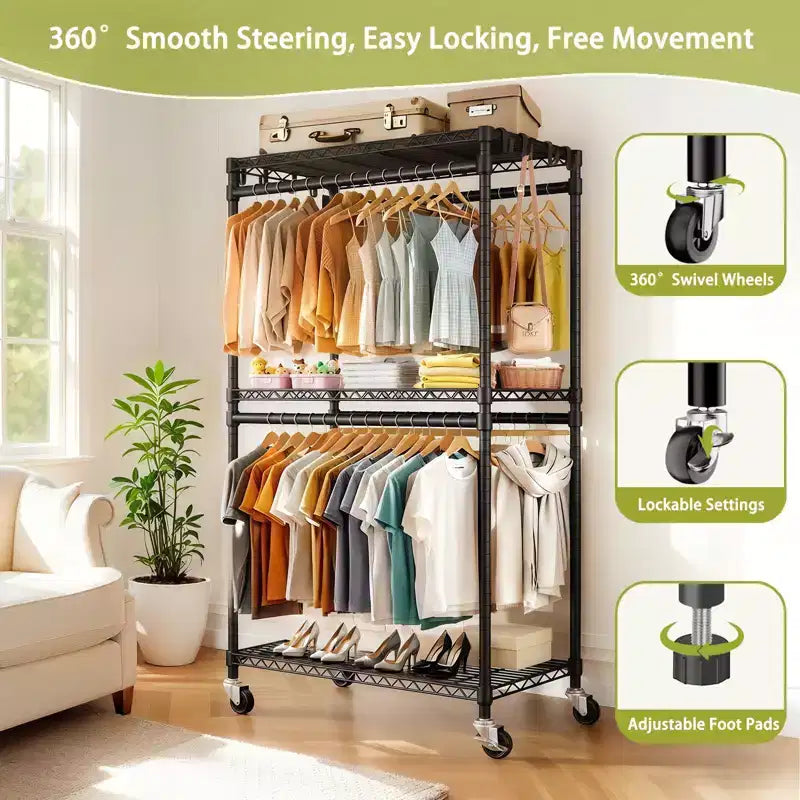 Heavy Duty Freestanding Garment Rack with 8 Adjustable Wire Shelves & 5 Clothes Rails, Portable Adjustable Closet Organizer Wardrobe Clothes Rack