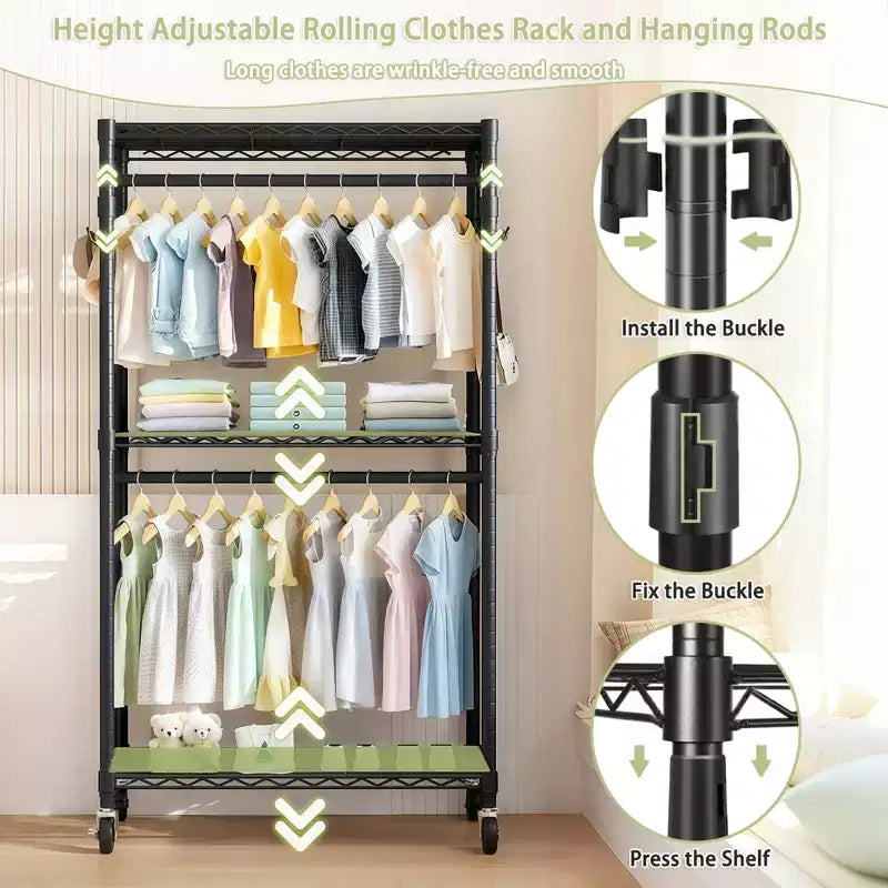 Heavy Duty Freestanding Garment Rack with 8 Adjustable Wire Shelves & 5 Clothes Rails, Portable Adjustable Closet Organizer Wardrobe Clothes Rack