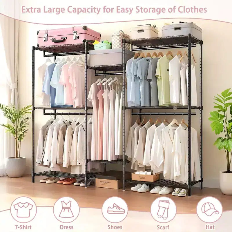 Heavy Duty Freestanding Garment Rack with 8 Adjustable Wire Shelves & 5 Clothes Rails, Portable Adjustable Closet Organizer Wardrobe Clothes Rack