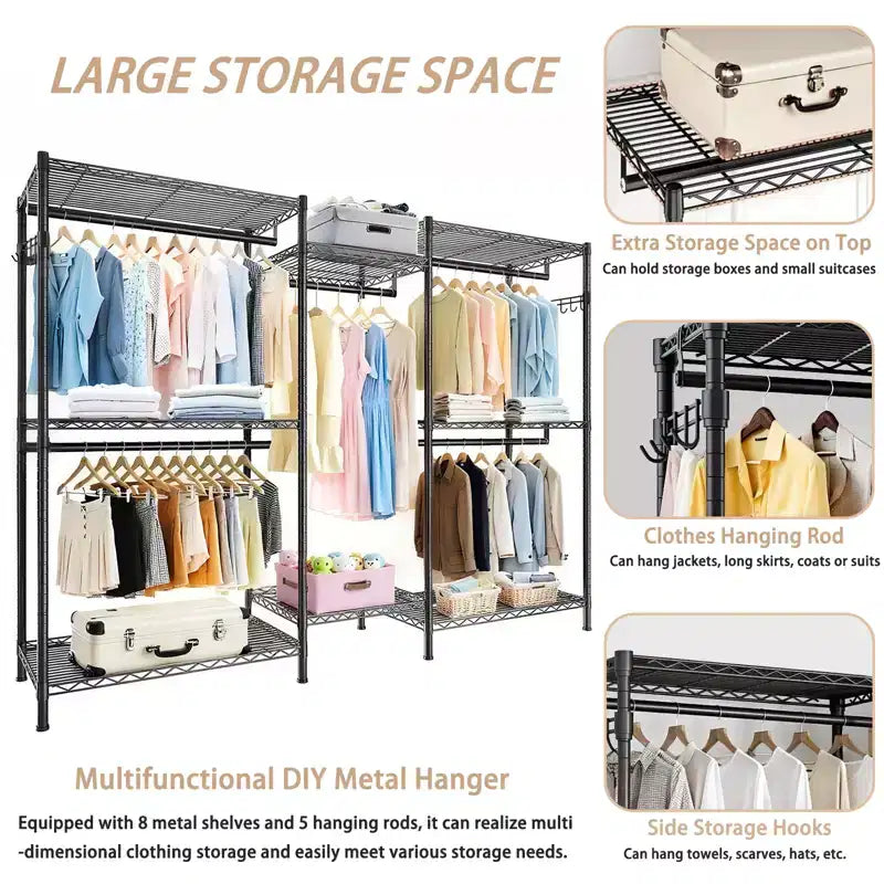Heavy Duty Freestanding Garment Rack with 8 Adjustable Wire Shelves & 5 Clothes Rails, Portable Adjustable Closet Organizer Wardrobe Clothes Rack