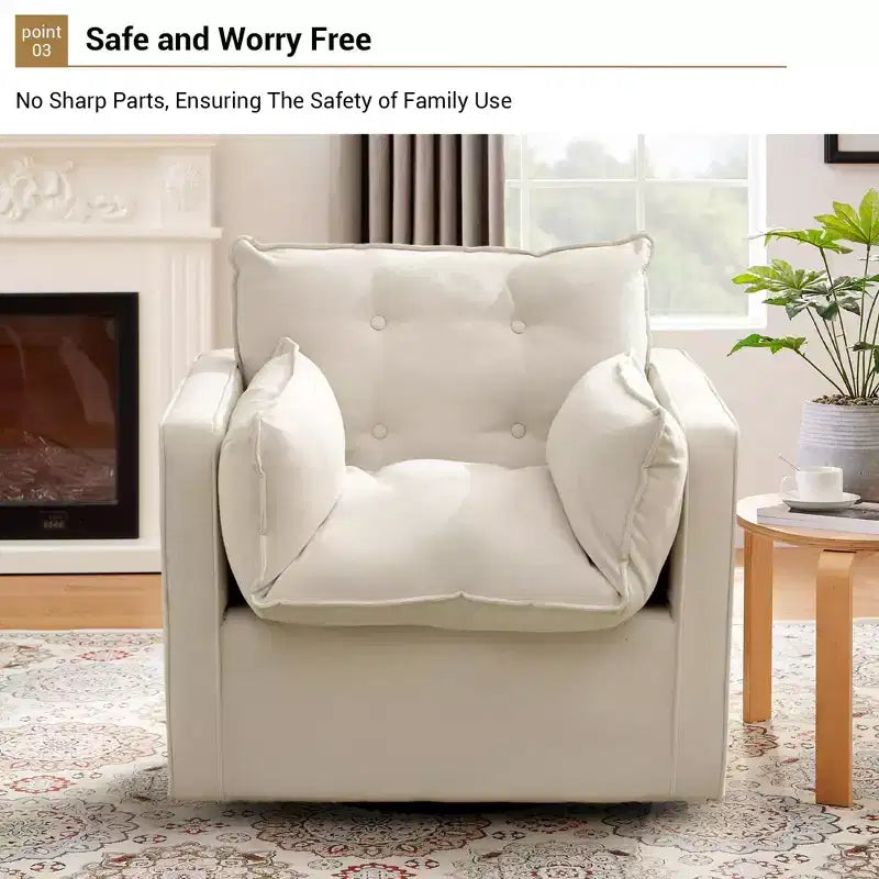 Oversized Swivel Accent Chair, Mid Century Comfy Accent Sofa, Modern Linen Fabric Barrel Armchair, Metal Base, No Assembly, for Living Room