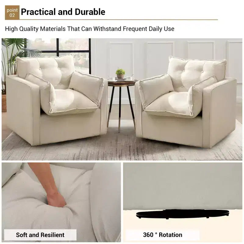 Oversized Swivel Accent Chair, Mid Century Comfy Accent Sofa, Modern Linen Fabric Barrel Armchair, Metal Base, No Assembly, for Living Room