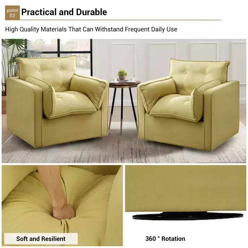 Oversized Swivel Accent Chair, Mid Century Comfy Accent Sofa, Modern Linen Fabric Barrel Armchair, Metal Base, No Assembly, for Living Room