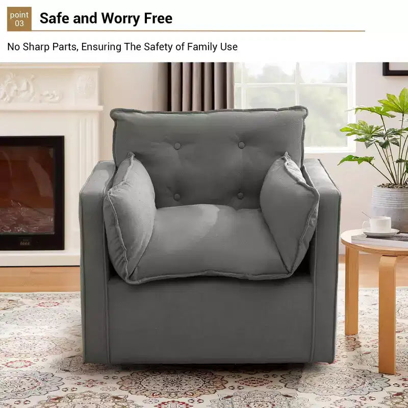 Oversized Swivel Accent Chair, Mid Century Comfy Accent Sofa, Modern Linen Fabric Barrel Armchair, Metal Base, No Assembly, for Living Room