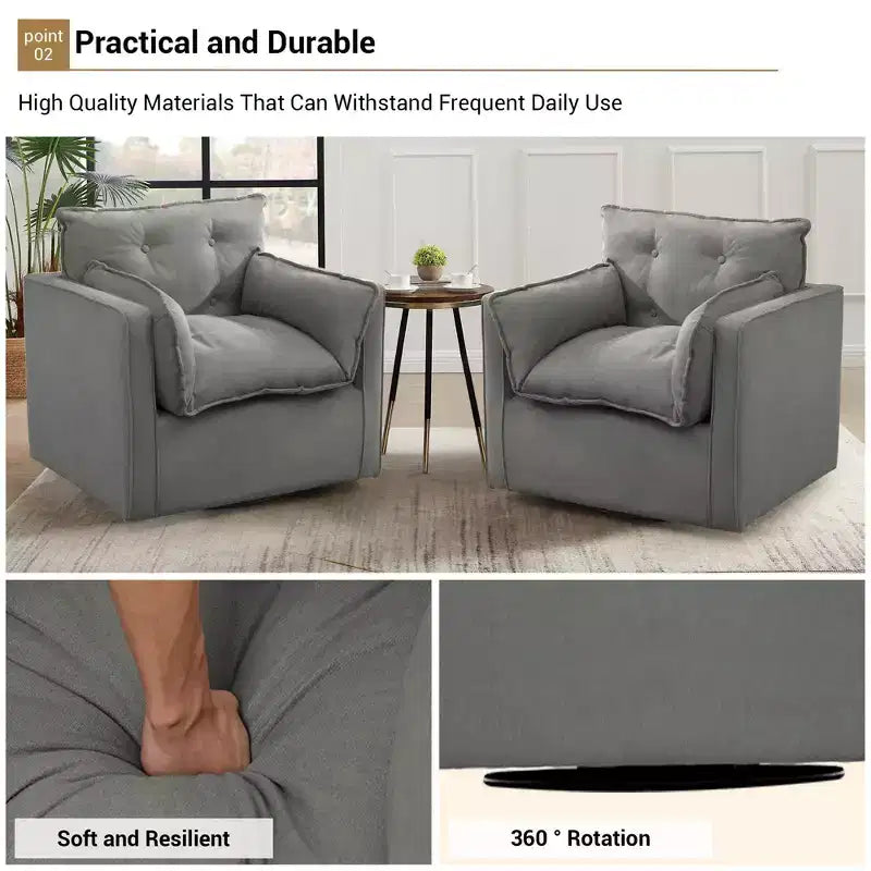 Oversized Swivel Accent Chair, Mid Century Comfy Accent Sofa, Modern Linen Fabric Barrel Armchair, Metal Base, No Assembly, for Living Room