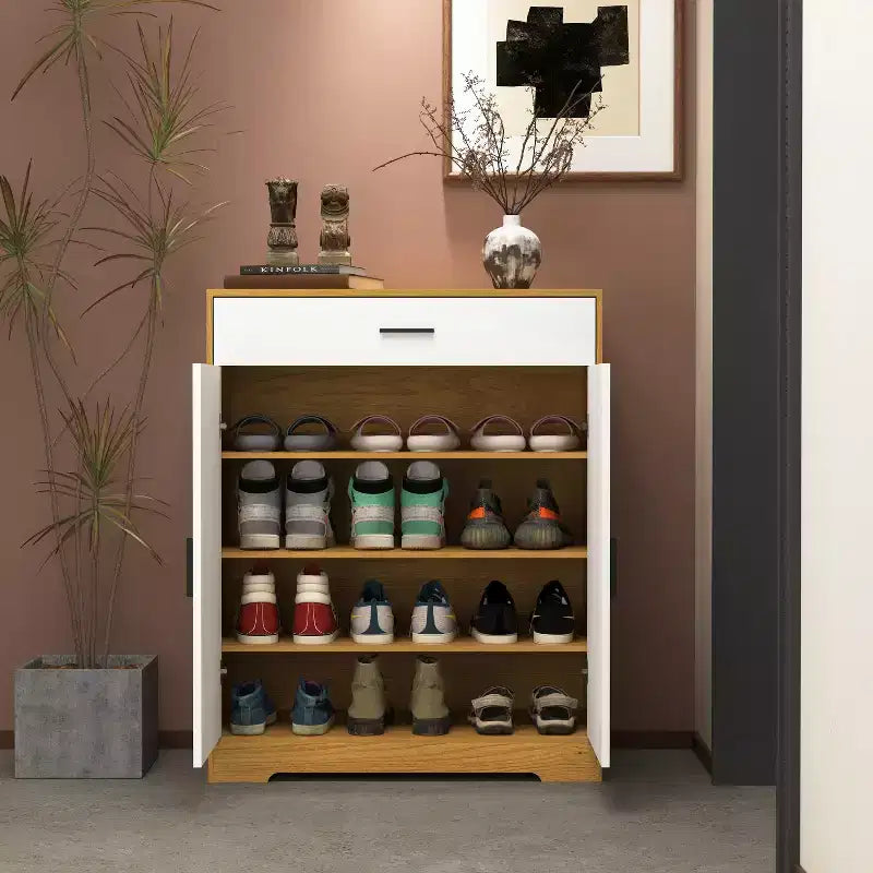 CLIHOME 4-Tier Shoe Rack Organizer, Freestanding Wooden Shoe Storage Cabinet with Adjustable Shelves