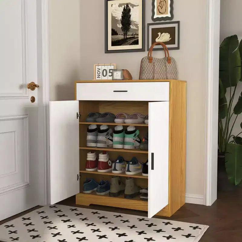 CLIHOME 4-Tier Shoe Rack Organizer, Freestanding Wooden Shoe Storage Cabinet with Adjustable Shelves