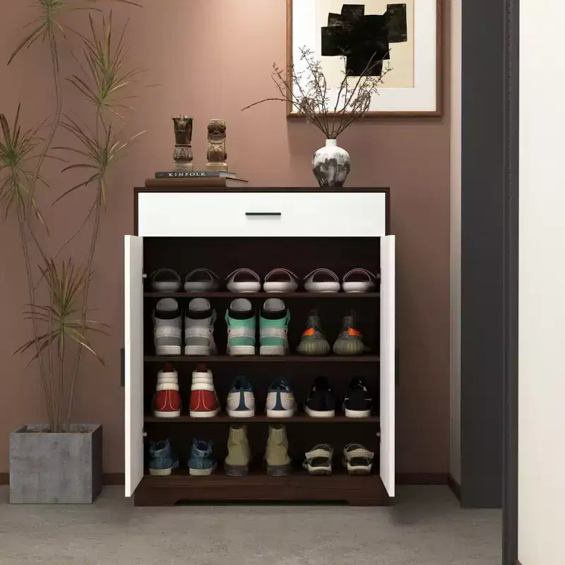 CLIHOME 4-Tier Shoe Rack Organizer, Freestanding Wooden Shoe Storage Cabinet with Adjustable Shelves