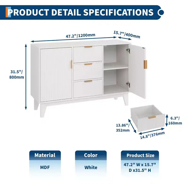 Buffet de rangement mi-siècle GustoWave avec 3 tiroirs, buffet cannelé avec rangement, grand buffet, meuble bar à café