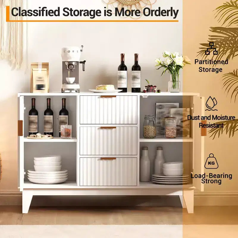 Buffet de rangement mi-siècle GustoWave avec 3 tiroirs, buffet cannelé avec rangement, grand buffet, meuble bar à café