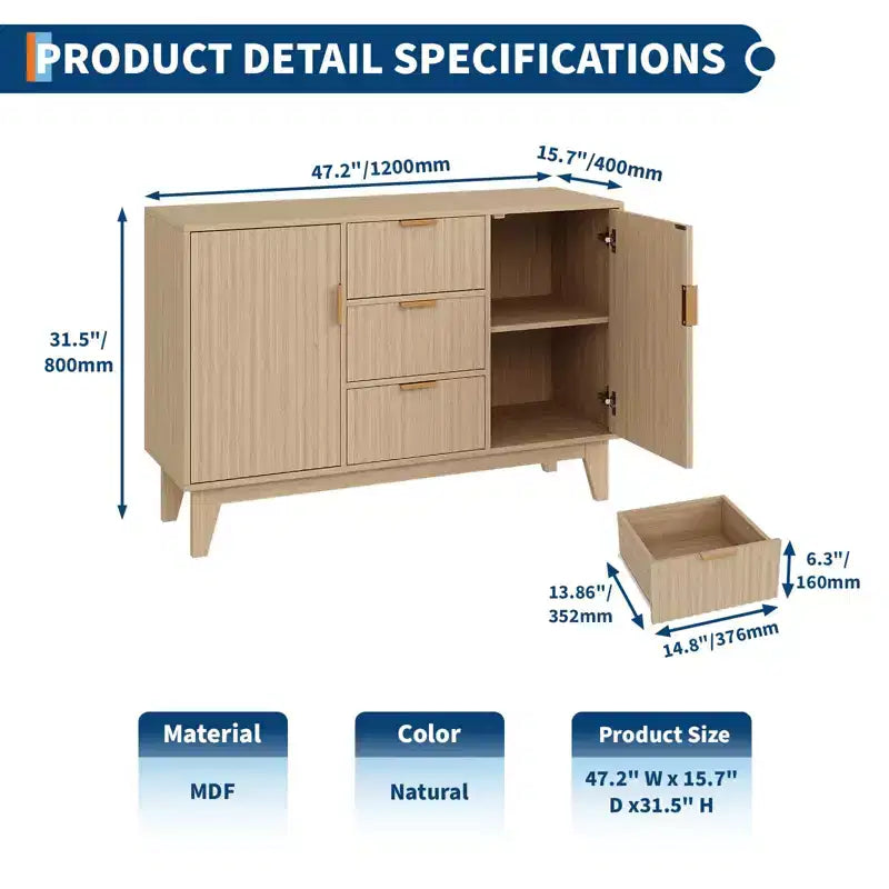 Buffet de rangement mi-siècle GustoWave avec 3 tiroirs, buffet cannelé avec rangement, grand buffet, meuble bar à café