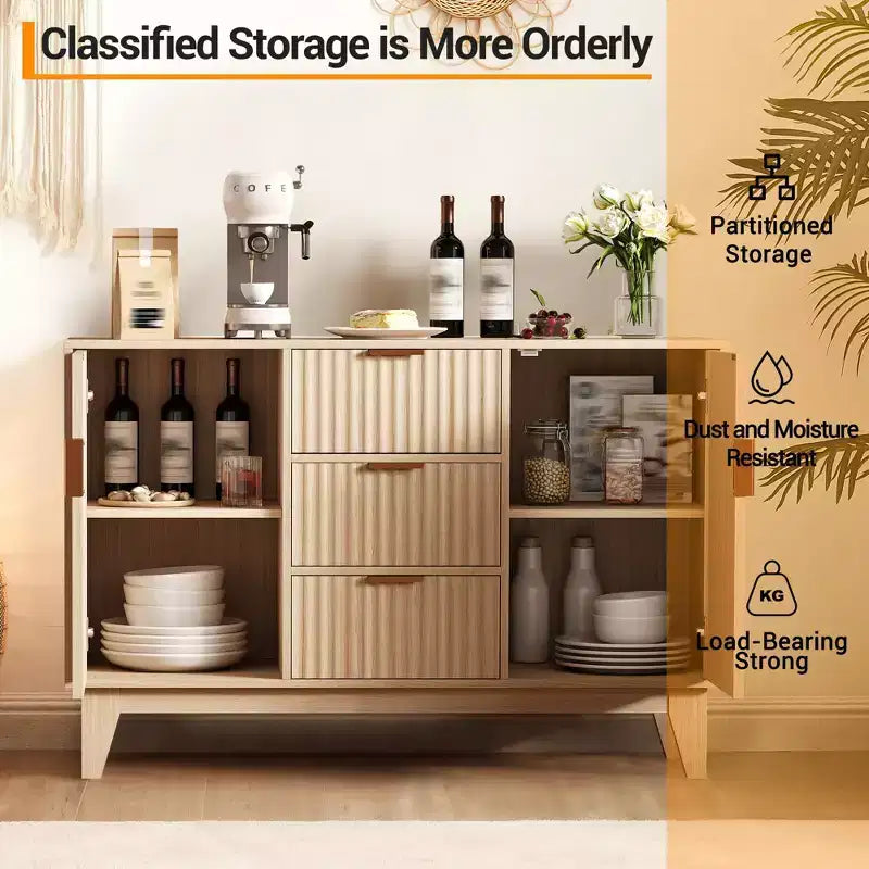 Buffet de rangement mi-siècle GustoWave avec 3 tiroirs, buffet cannelé avec rangement, grand buffet, meuble bar à café