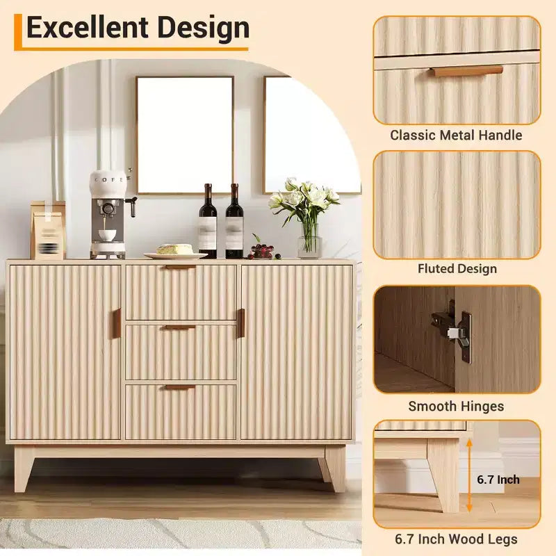 Buffet de rangement mi-siècle GustoWave avec 3 tiroirs, buffet cannelé avec rangement, grand buffet, meuble bar à café