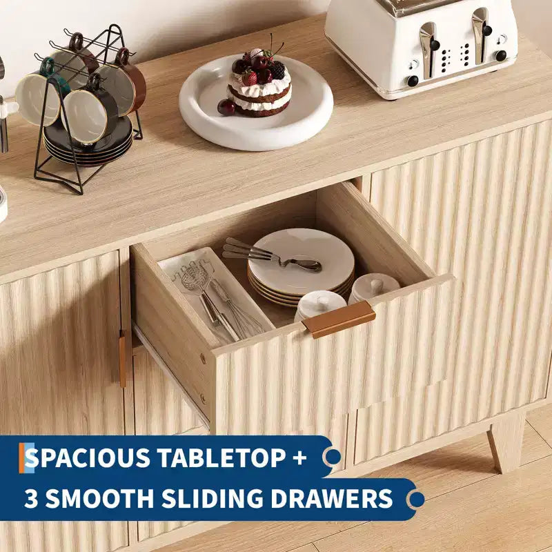 Buffet de rangement mi-siècle GustoWave avec 3 tiroirs, buffet cannelé avec rangement, grand buffet, meuble bar à café
