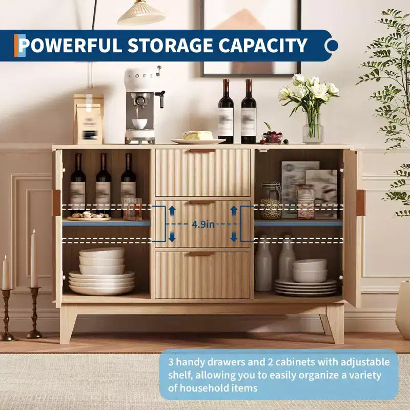 Buffet de rangement mi-siècle GustoWave avec 3 tiroirs, buffet cannelé avec rangement, grand buffet, meuble bar à café