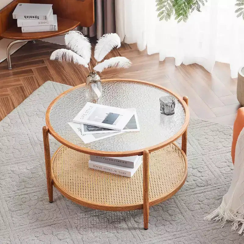 VINGLI 30 Rattan Coffee Table, Round Water-Wave Glass Metal Center Table with 2-Tier Storage, for Living Room, Natural Vibe