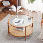 VINGLI 30 Rattan Coffee Table, Round Water-Wave Glass Metal Center Table with 2-Tier Storage, for Living Room, Natural Vibe